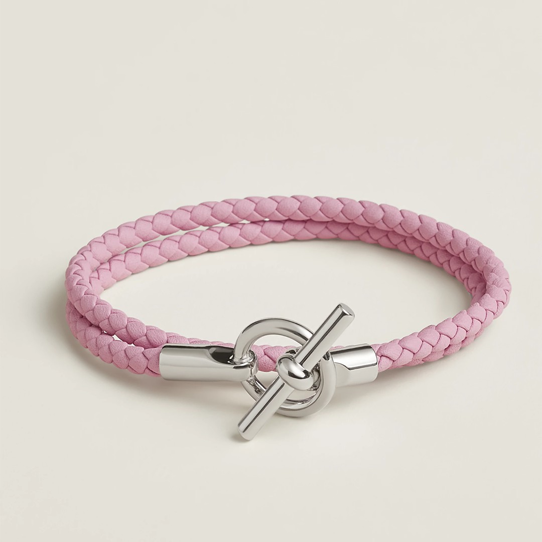 Hermes Glenan Double Tour Bracelet Silver Swift Calfskin and Metal Mauve Sylvestre H071689FPX9T2