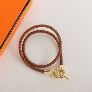 Hermes Glenan Double Tour Bracelet Yellow Gold Swift Calfskin and Metal Gold H071689F 37T2 - Image 8