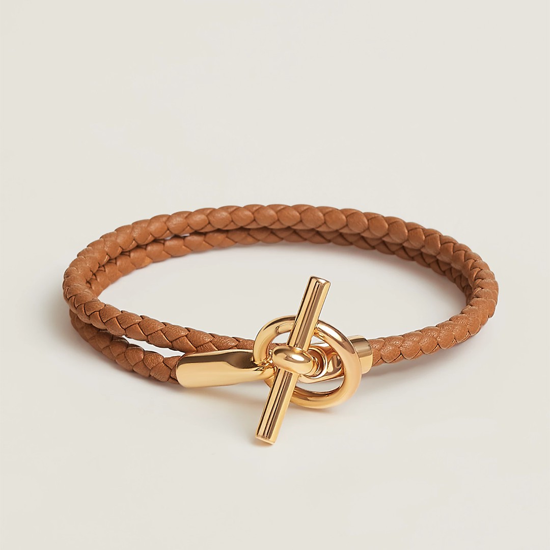 Hermes Glenan Double Tour Bracelet Yellow Gold Swift Calfskin and Metal Gold H071689F 37T2