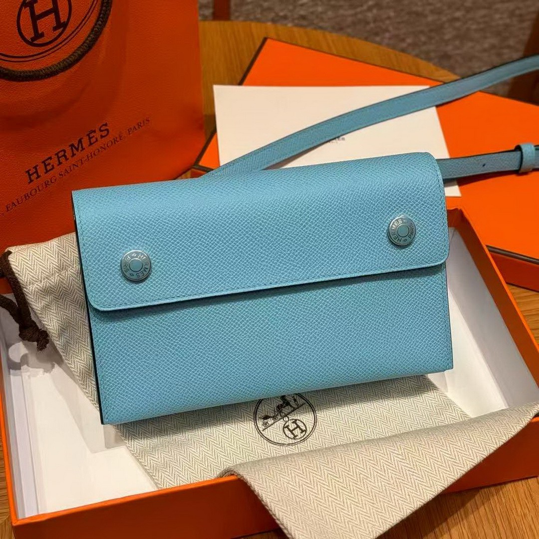 Hermes Hermèsnap Wallet Handmade In Epsom Calfskin Leather Silver Hardware 7N Celeste