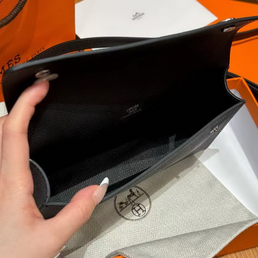 Hermes Hermèsnap Wallet Handmade In Epsom Calfskin Leather Silver Hardware ck89 Noir - Image 9