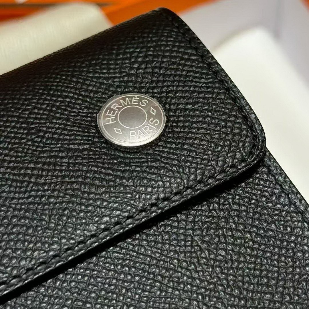 Hermes Hermèsnap Wallet Handmade In Epsom Calfskin Leather Silver Hardware ck89 Noir - Image 4