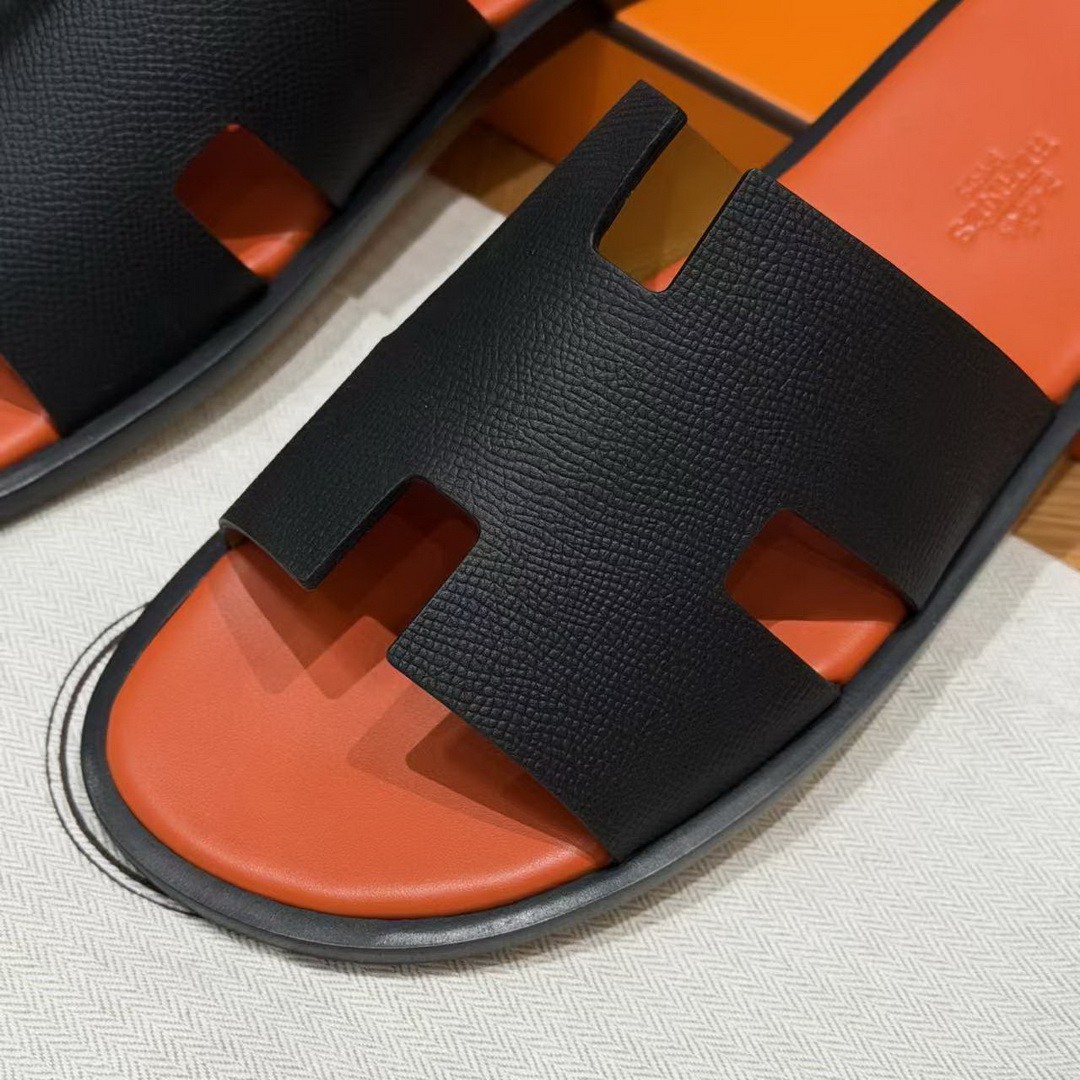 Hermes Izmir Sandal Men Epsom Calfskin Noir Orange - Image 11