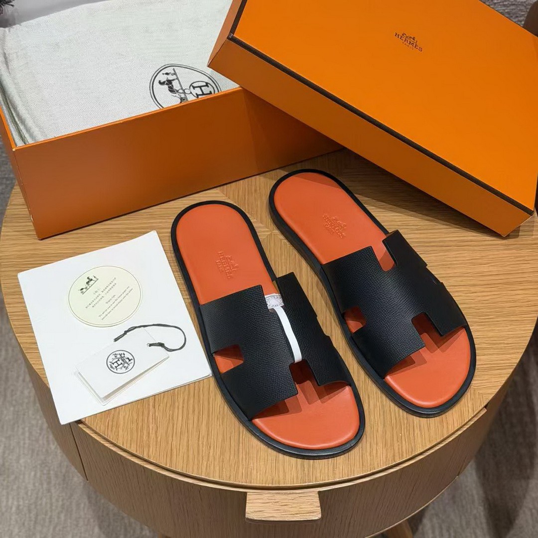 Hermes Izmir Sandal Men Epsom Calfskin Noir Orange - Image 8