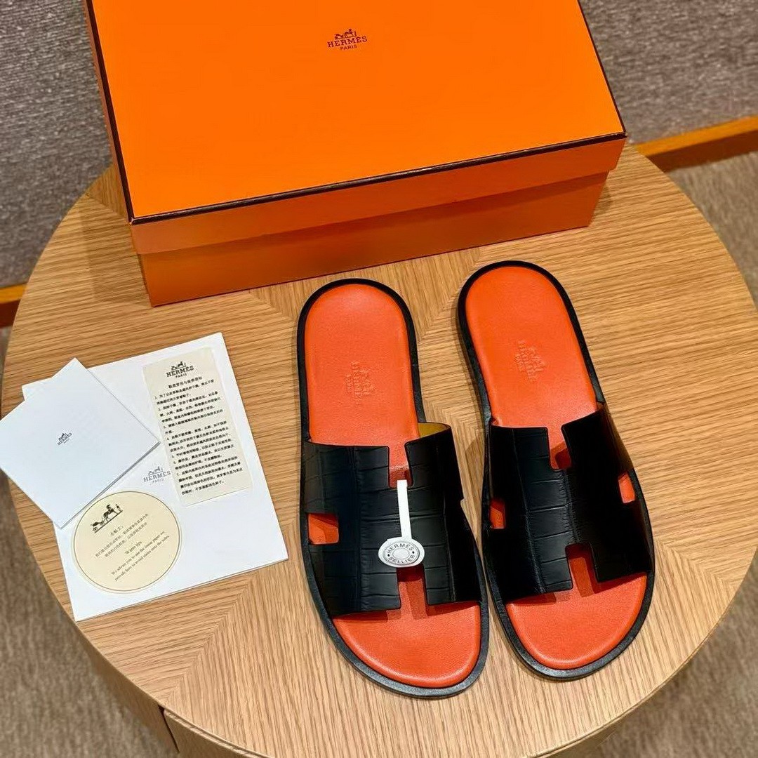Hermes Izmir Sandal Men Matte Mississippiensis Alligator Black Orange - Image 2