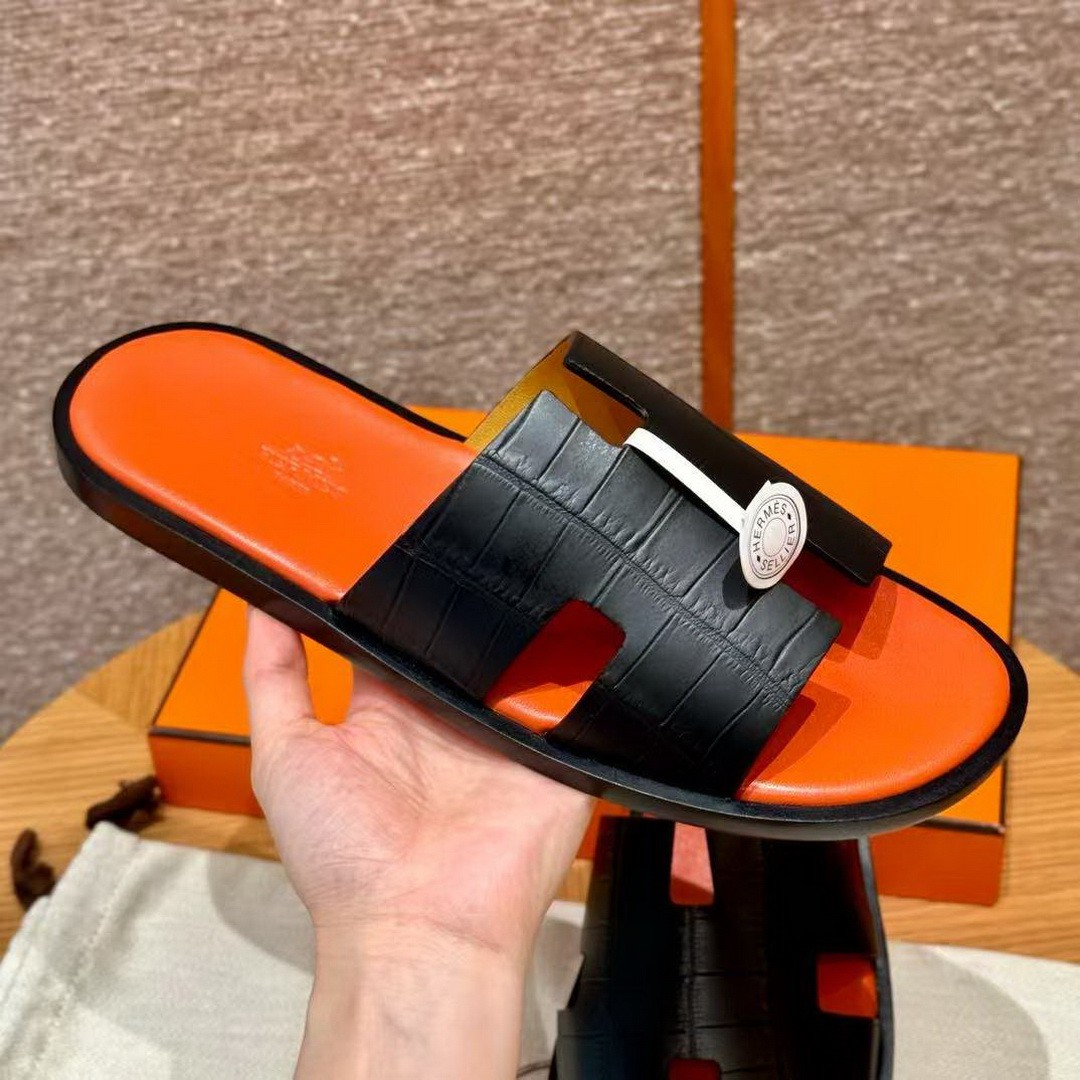 Hermes Izmir Sandal Men Matte Mississippiensis Alligator Black Orange - Image 12