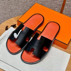 Hermes Izmir Sandal Men Matte Mississippiensis Alligator Black Orange