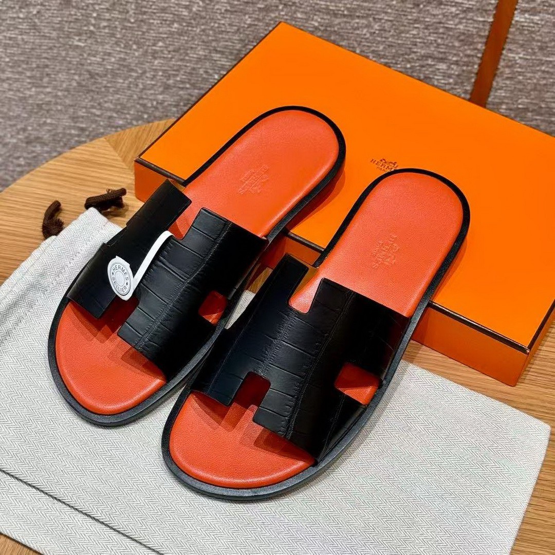 Hermes Izmir Sandal Men Matte Mississippiensis Alligator Black Orange