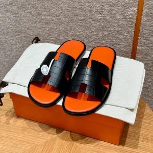 Hermes Izmir Sandal Men Matte Mississippiensis Alligator Black Orange - Image 10