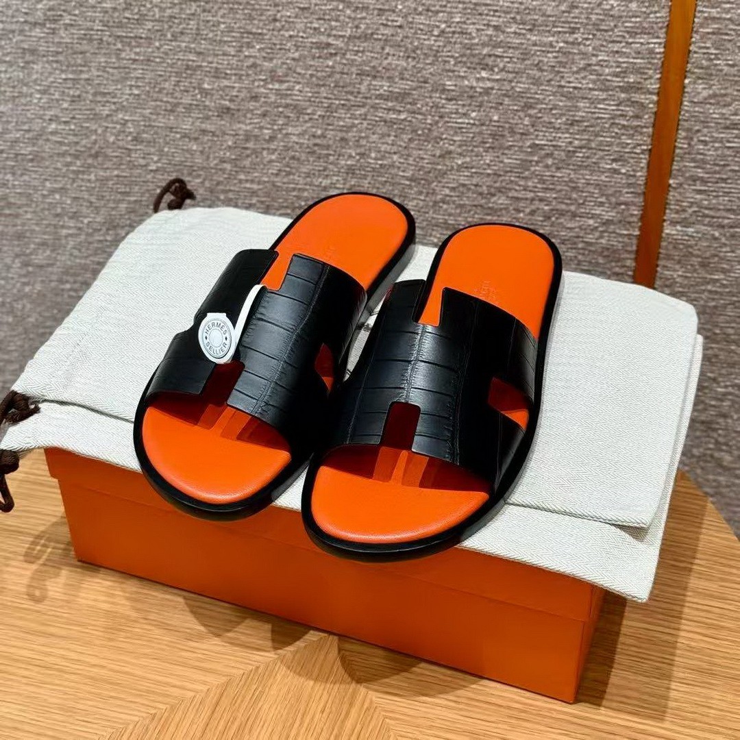 Hermes Izmir Sandal Men Matte Mississippiensis Alligator Black Orange - Image 10