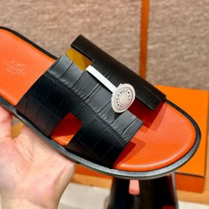 Hermes Izmir Sandal Men Matte Mississippiensis Alligator Black Orange - Image 8