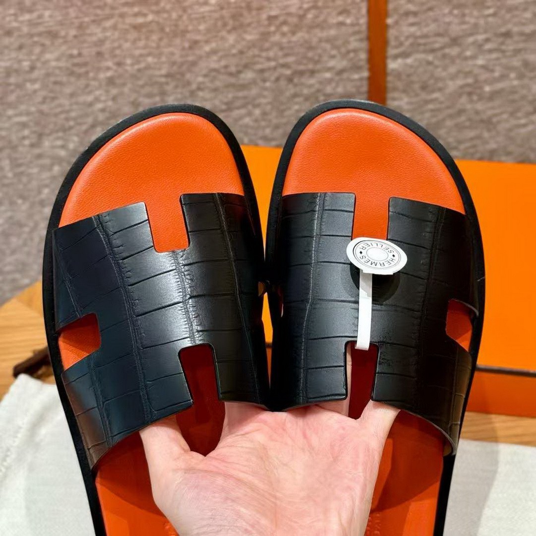 Hermes Izmir Sandal Men Matte Mississippiensis Alligator Black Orange - Image 7