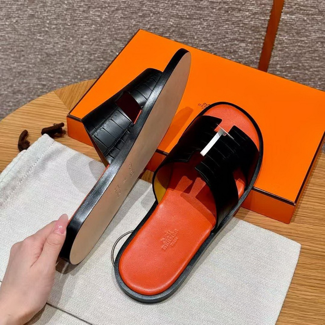 Hermes Izmir Sandal Men Matte Mississippiensis Alligator Black Orange - Image 4