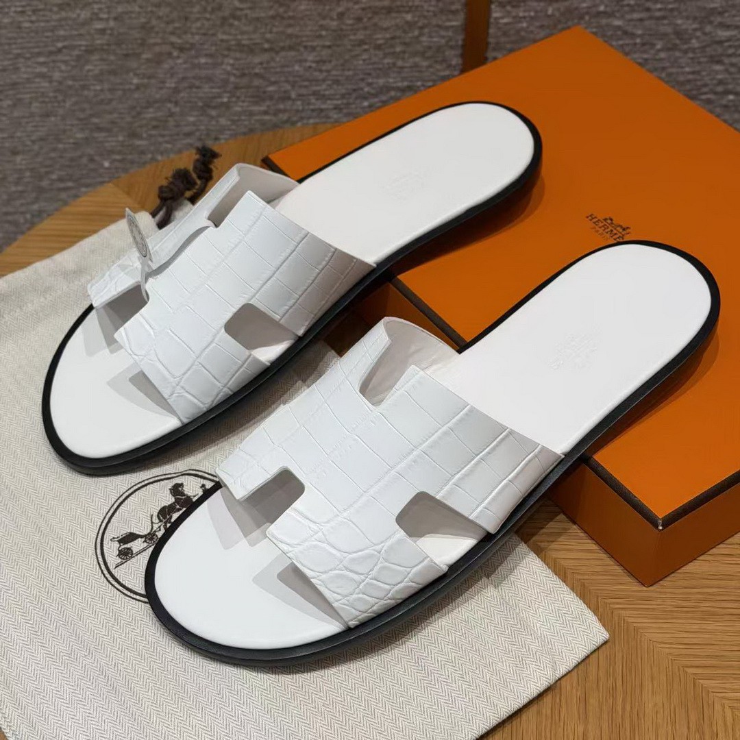 Hermes Izmir Sandal Men Matte Mississippiensis Alligator Blanc