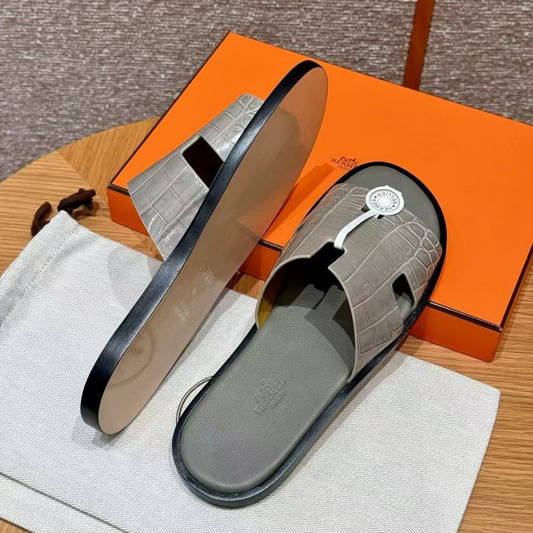 Hermes Izmir Sandal Men Matte Mississippiensis Alligator Gris Tourterelle Gris Étain - Image 11
