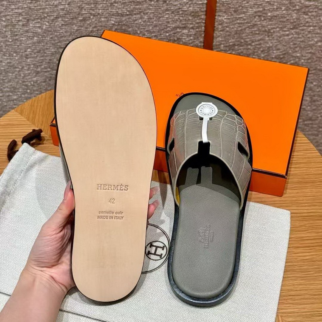 Hermes Izmir Sandal Men Matte Mississippiensis Alligator Gris Tourterelle Gris Étain - Image 10
