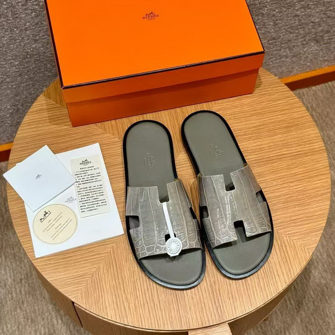 Hermes Izmir Sandal Men Matte Mississippiensis Alligator Gris Tourterelle Gris Étain - Image 6
