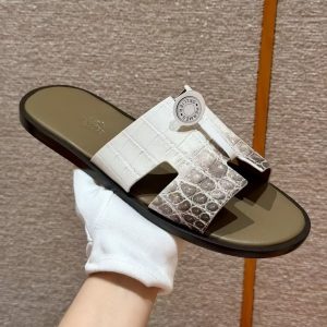 Hermes Izmir Sandal Men Matte Mississippiensis Alligator Himalaya Etoupe Black - Image 7