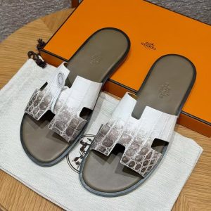 Hermes Izmir Sandal Men Matte Mississippiensis Alligator Himalaya Etoupe Black