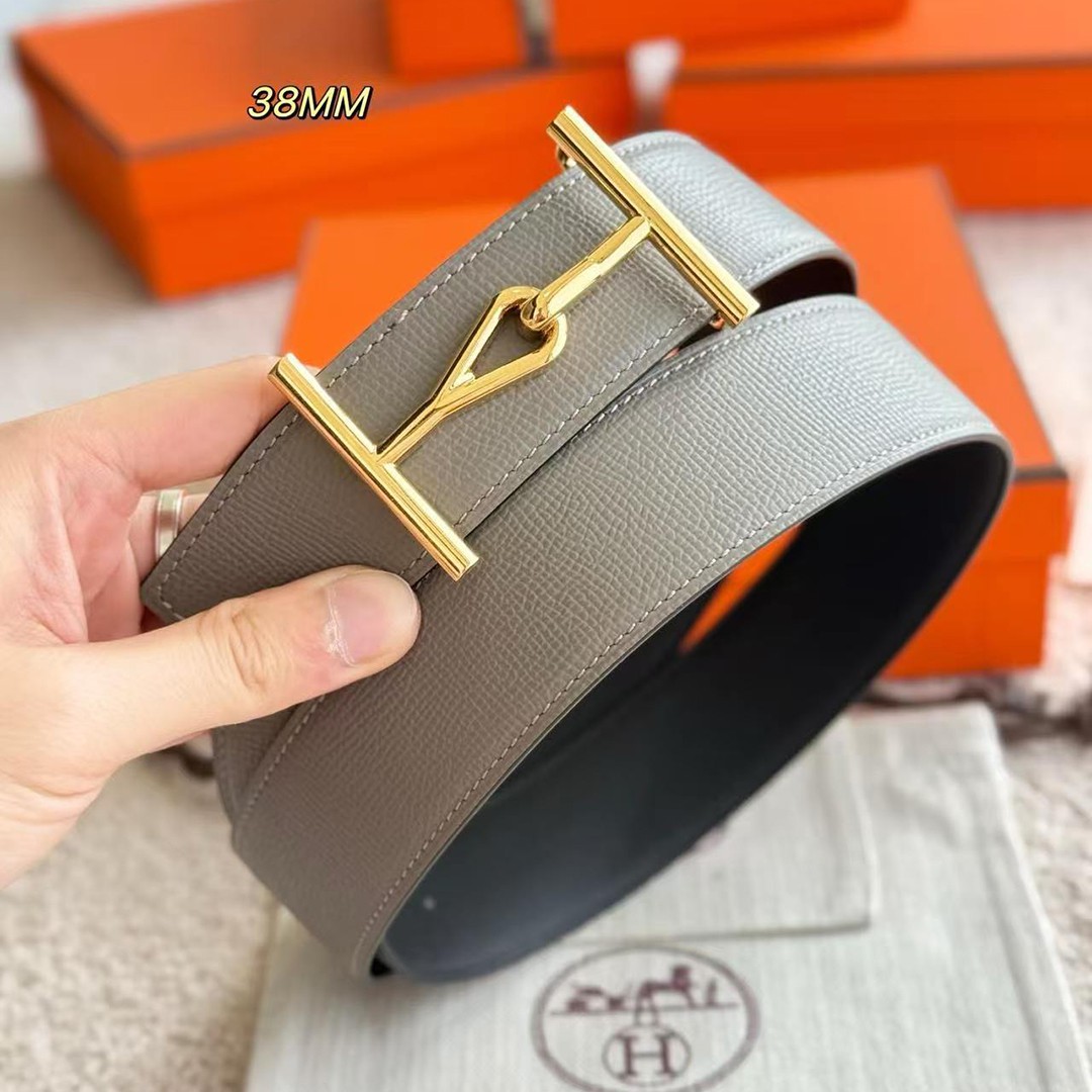 Hermes Jumbo Belt Buckle & Reversible Leather Strap 38 mm Box 135 and Togo Calfskin Brushed Permabrass Buckle Yellow Gold Noir Gris Mouette - Image 4