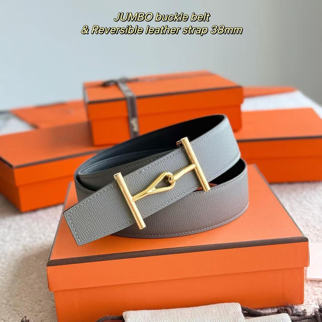Hermes Jumbo Belt Buckle & Reversible Leather Strap 38 mm Box 135 and Togo Calfskin Brushed Permabrass Buckle Yellow Gold Noir Gris Mouette - Image 5