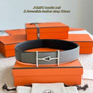 Hermes Jumbo Belt Buckle & Reversible Leather Strap 38 mm Box 135 and Togo Calfskin Brushed Permabrass Buckle Yellow Gold Noir Gris Mouette