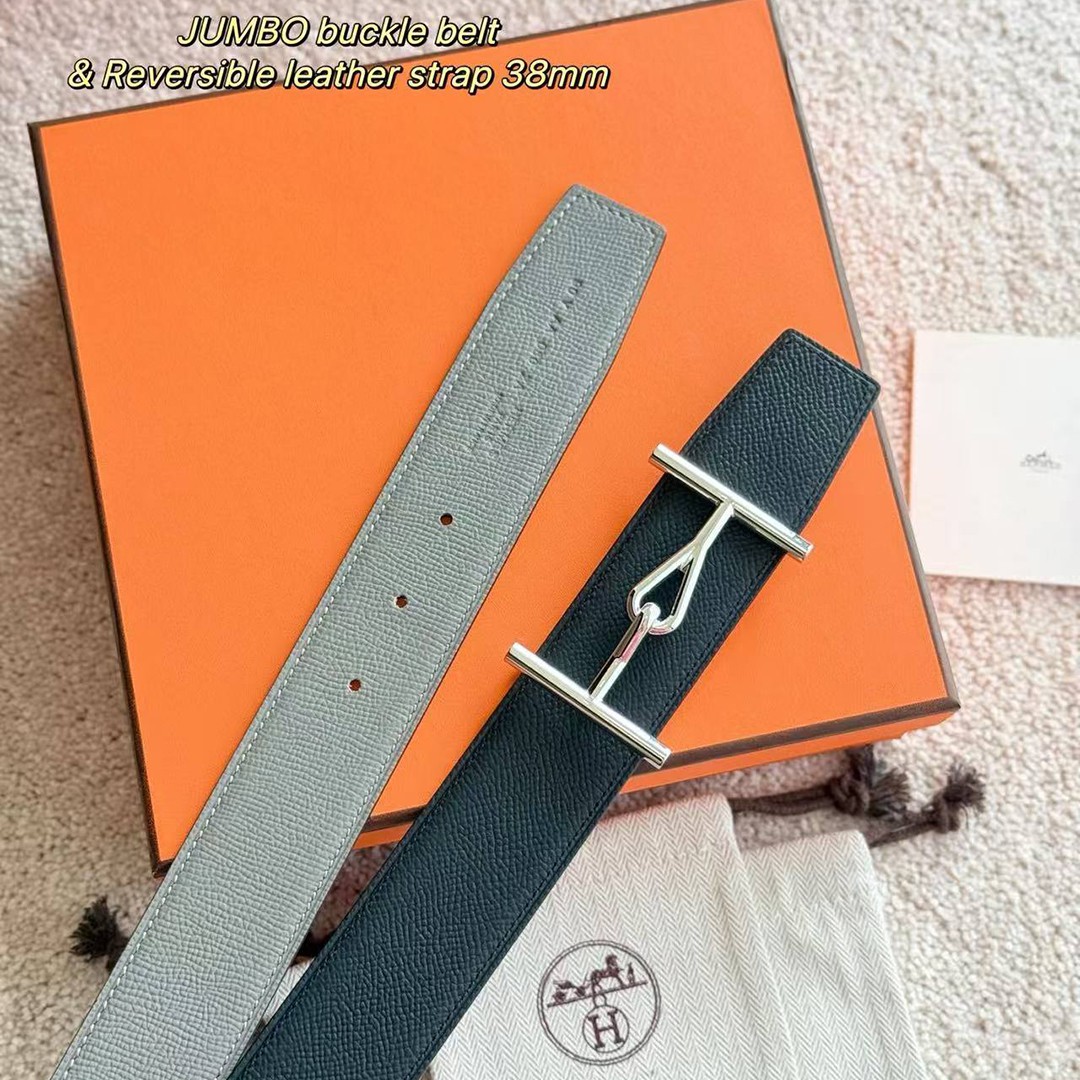 Hermes Jumbo Belt Buckle & Reversible Leather Strap 38 mm Box 135 and Togo Calfskin Brushed Permabrass Buckle Yellow Gold Noir Gris Mouette - Image 2