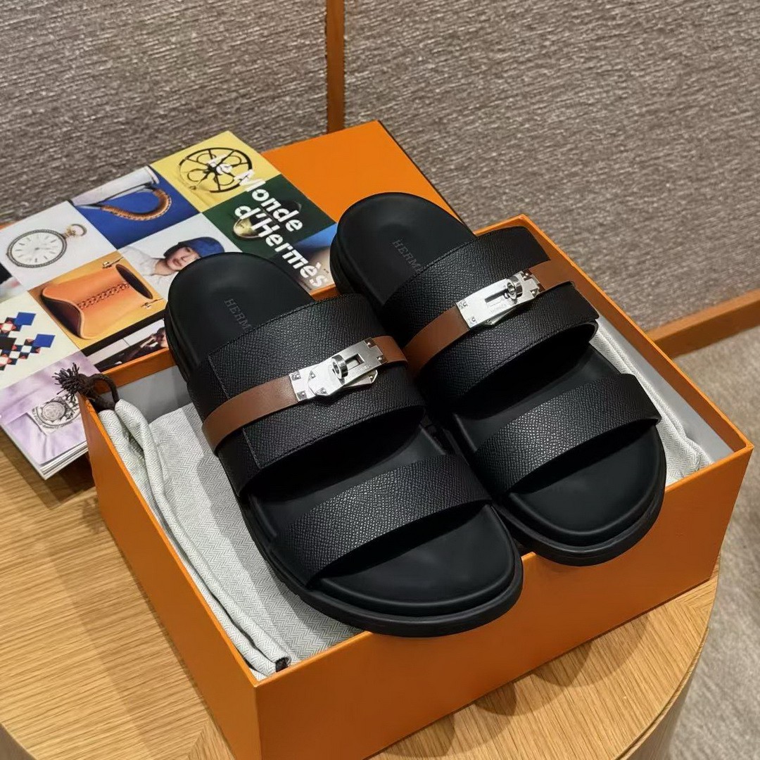 Hermes Jackson Sandal Men Techno-sandal Calfskin Noir Naturel - Image 11