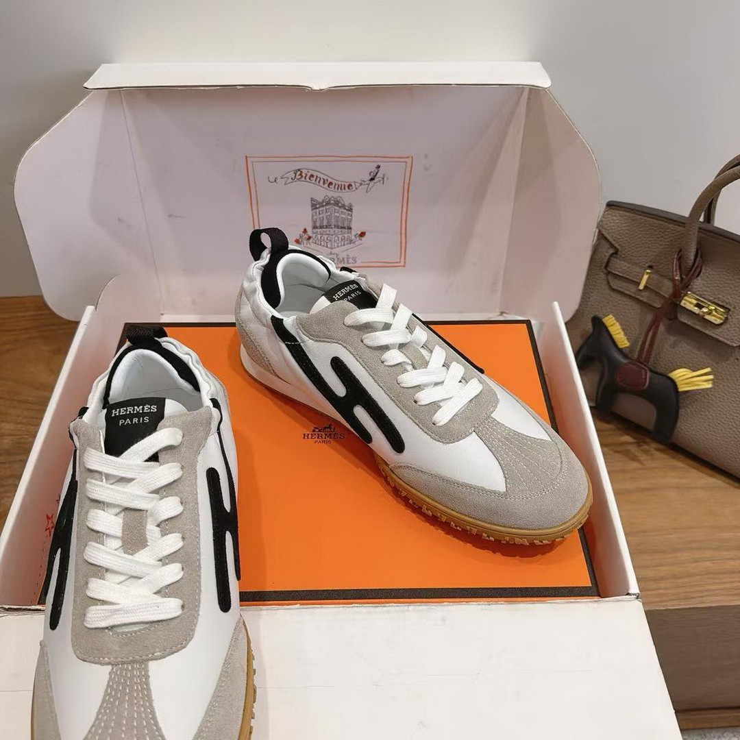 Hermes Jet Sneaker Men Nappa Leather Suede Goatskin Blanc Noir H242924ZH91390 - Image 10