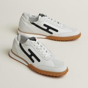 Hermes Jet Sneaker Men Nappa Leather Suede Goatskin Blanc Noir H242924ZH91390