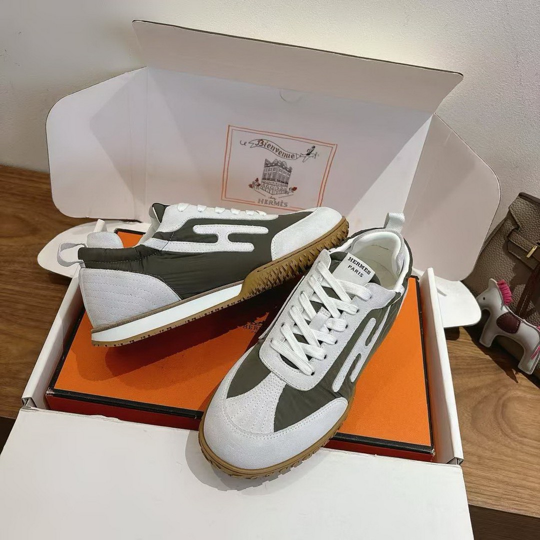 Hermes Jet Sneaker Men Technical Canvas Suede Goatskin Vert Forêt Blanc H242923ZH4N390 - Image 3