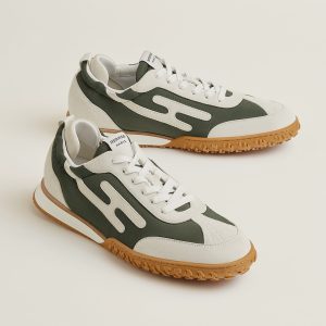 Hermes Jet Sneaker Men Technical Canvas Suede Goatskin Vert Forêt Blanc H242923ZH4N390