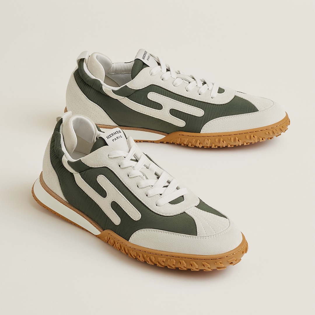 Hermes Jet Sneaker Men Technical Canvas Suede Goatskin Vert Forêt Blanc H242923ZH4N390