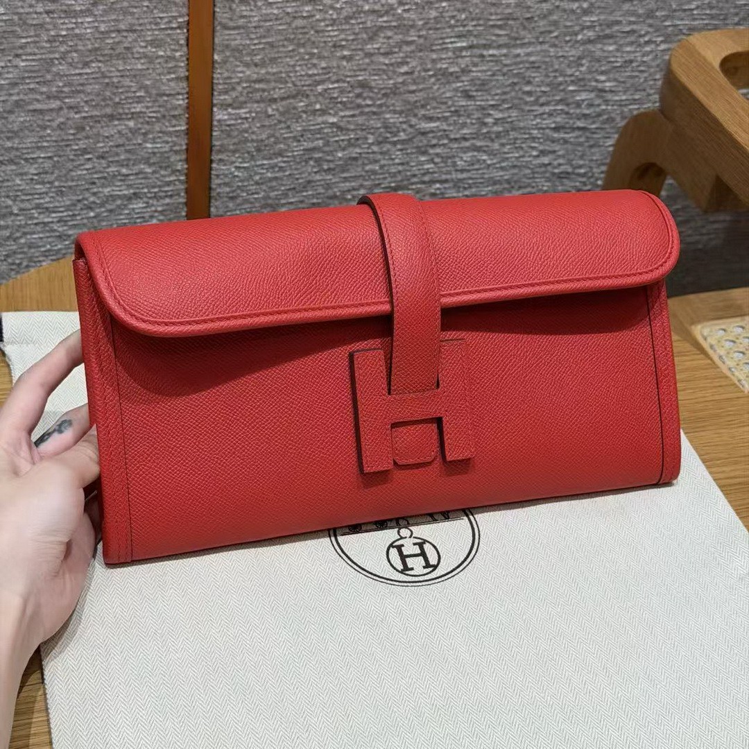 Hermes Jige Elan 29 Clutch Handmade In Epsom Calfskin Leather S3 Rouge Cpeur