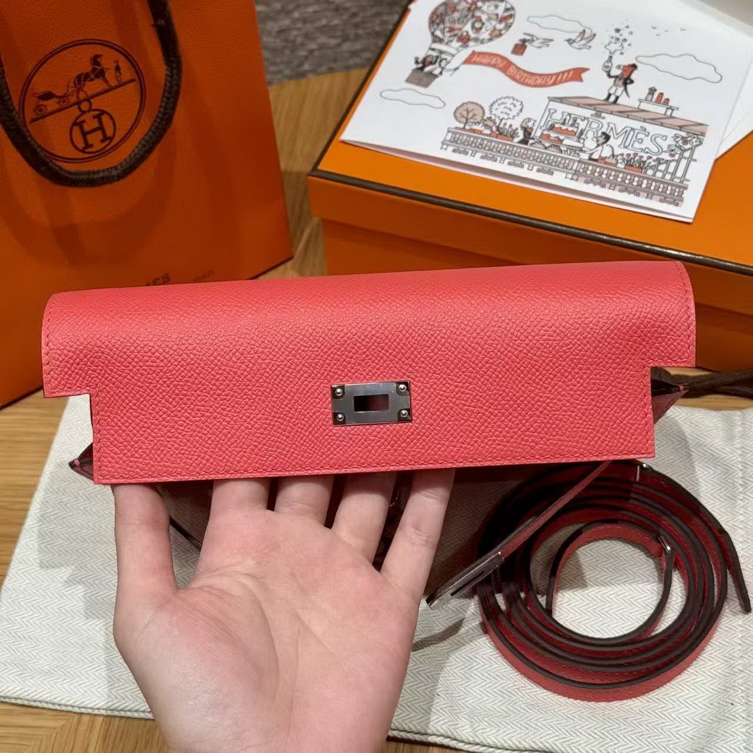Hermes Kelly Classique To Go Wallet Handmade In Epsom Calfskin Leather Silver Hardware G0 Orange Field - Image 15
