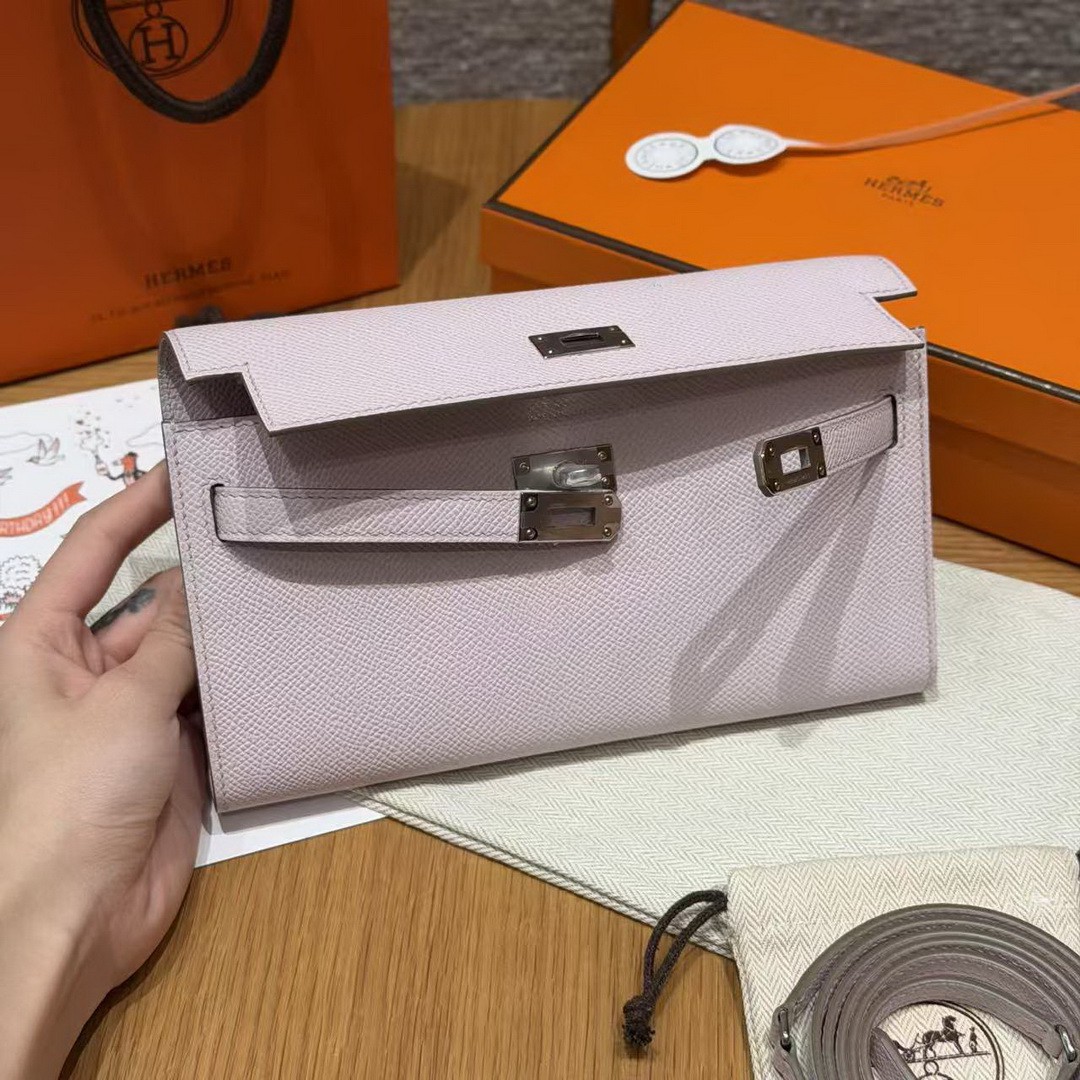 Hermes Kelly Classique To Go Wallet Handmade In Epsom Calfskin Leather Silver Hardware 09 Mauve Pale - Image 9