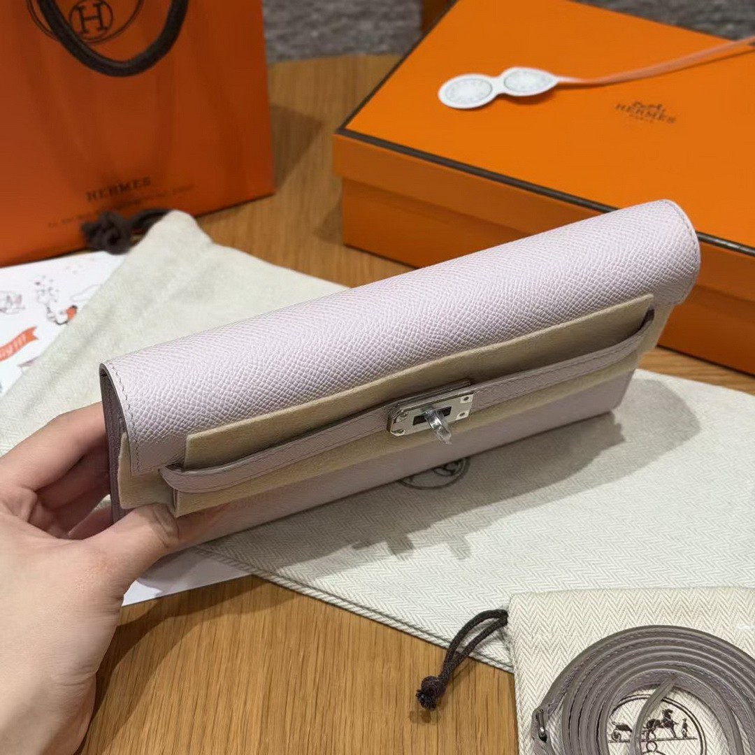 Hermes Kelly Classique To Go Wallet Handmade In Epsom Calfskin Leather Silver Hardware 09 Mauve Pale - Image 14