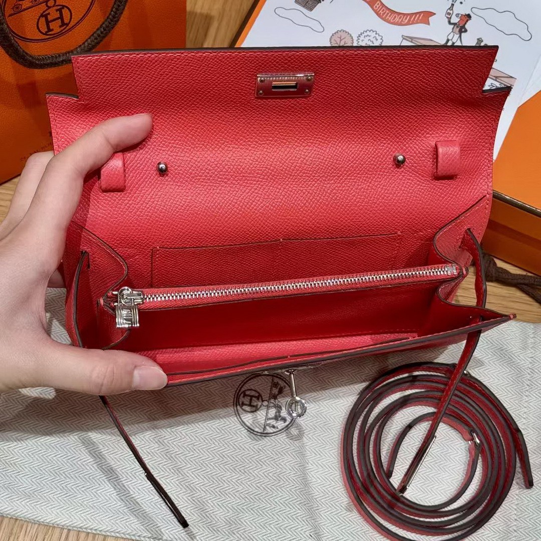 Hermes Kelly Classique To Go Wallet Handmade In Epsom Calfskin Leather Silver Hardware G0 Orange Field - Image 10