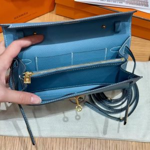 Hermes Kelly Classique To Go Wallet Handmade In Epsom Calfskin Leather Gold Hardware D2 New Blue Jean - Image 13