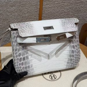 Hermes Kelly Depeches 25 Pouch Handmade In Niloticus Leather from Mississippi Silver Hardware Himalaya - Image 13