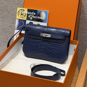 Hermes Kelly Depeches 25 Pouch Handmade In Matte Alligator Leather from Mississippi Silver Hardware 73 Blue Saphir - Image 3