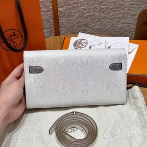 Hermes Kelly Classique To Go Wallet Handmade In Epsom Calfskin Leather and America Crocodile Silver Hardware M4 Girs Pale 0V Girs Ciment - Image 8