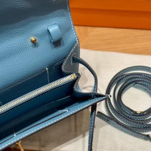 Hermes Kelly Classique To Go Wallet Handmade In Epsom Calfskin Leather Gold Hardware D2 New Blue Jean - Image 7