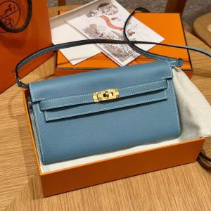Hermes Kelly Classique To Go Wallet Handmade In Epsom Calfskin Leather Gold Hardware D2 New Blue Jean - Image 9