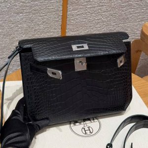 Hermes Kelly Depeches 25 Pouch Handmade In Matte Alligator Leather from Mississippi Silver Hardware 89 Noir - Image 11
