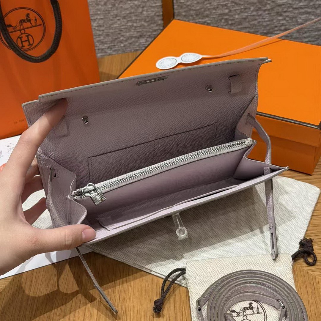 Hermes Kelly Classique To Go Wallet Handmade In Epsom Calfskin Leather Silver Hardware 09 Mauve Pale - Image 12