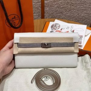 Hermes Kelly Classique To Go Wallet Handmade In Epsom Calfskin Leather and America Crocodile Silver Hardware M4 Girs Pale 0V Girs Ciment - Image 9