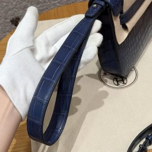 Hermes Kelly Depeches 25 Pouch Handmade In Matte Alligator Leather from Mississippi Silver Hardware 73 Blue Saphir - Image 6