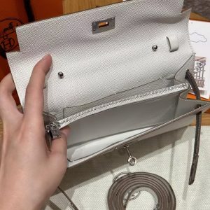 Hermes Kelly Classique To Go Wallet Handmade In Epsom Calfskin Leather and America Crocodile Silver Hardware M4 Girs Pale 0V Girs Ciment - Image 14