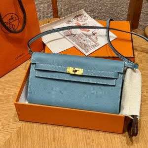 Hermes Kelly Classique To Go Wallet Handmade In Epsom Calfskin Leather Gold Hardware D2 New Blue Jean - Image 10